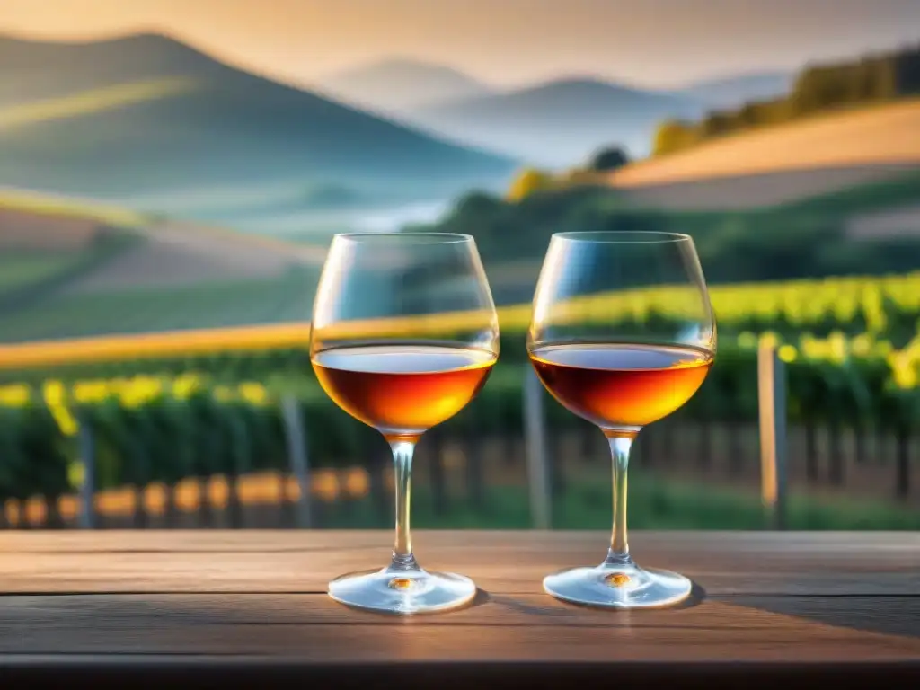 Comparativa de Armagnac y Cognac en copas de cristal sobre mesa rústica con paisaje de viñedos