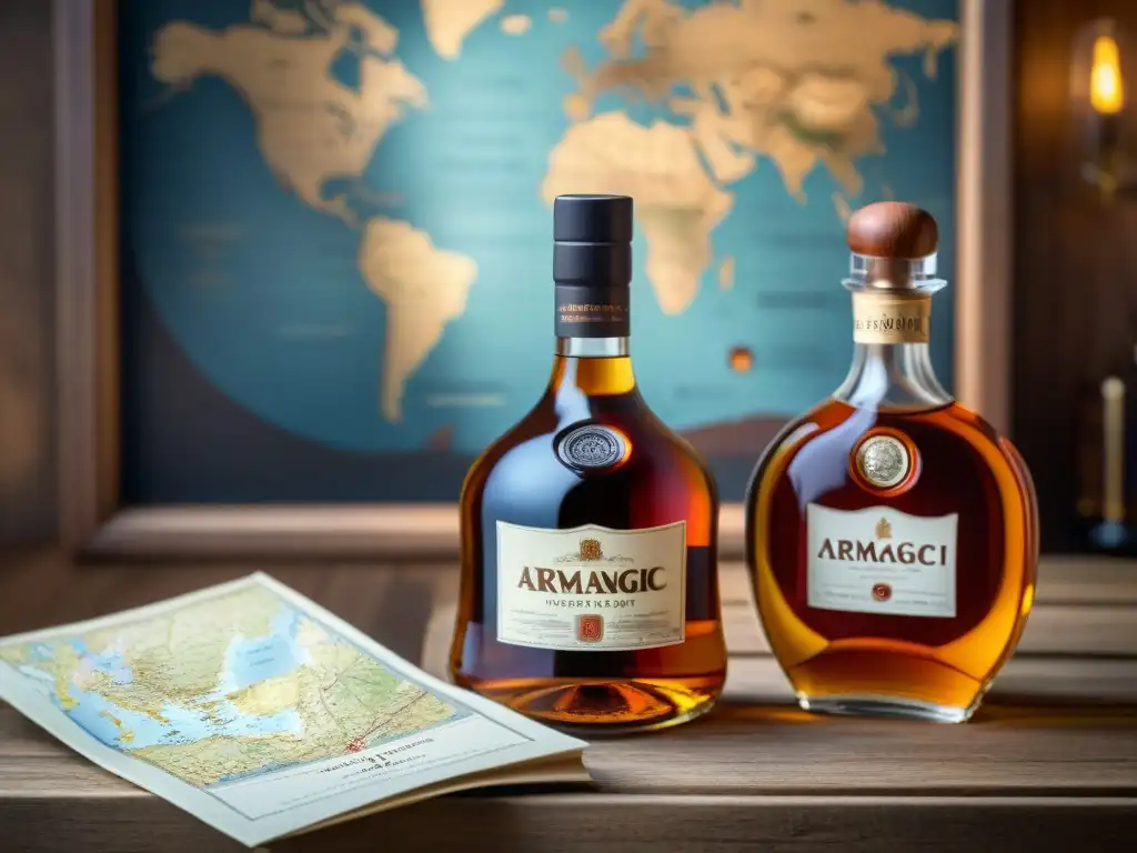 Comparativa Armagnac Cognac brandy francés: Dos elegantes botellas de Armagnac y Cognac en una mesa rústica con iluminación cálida