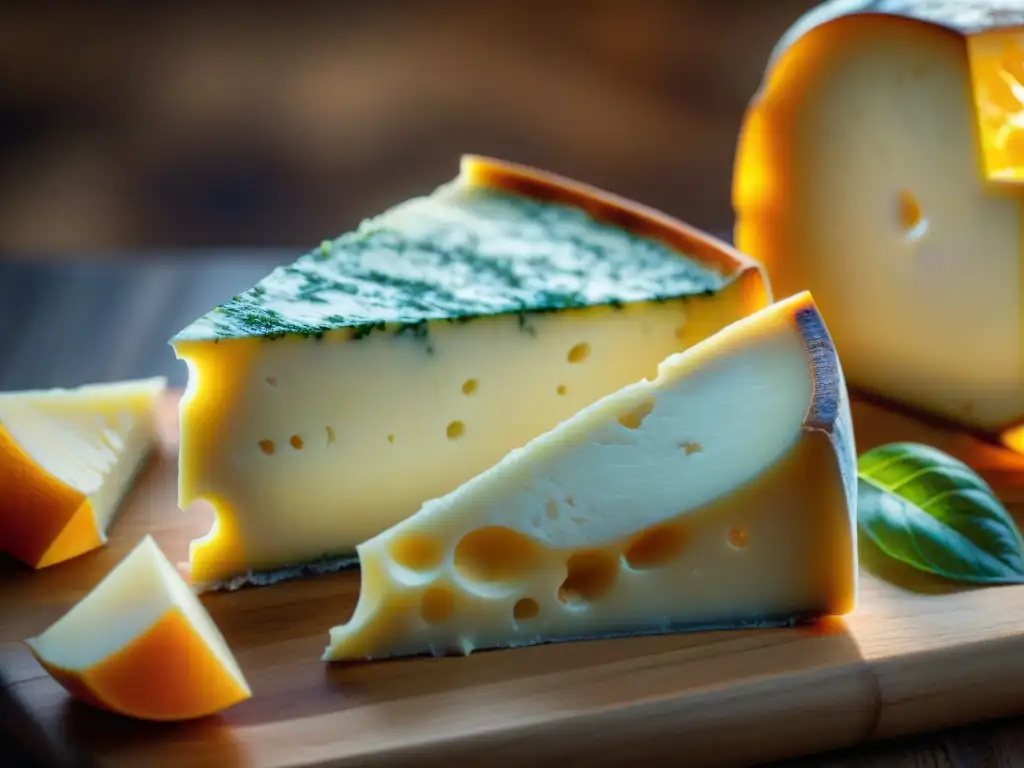 Comparativa de sabores quesos franceses: detalle de tabla con Taleggio y Livarot, resaltando texturas y colores