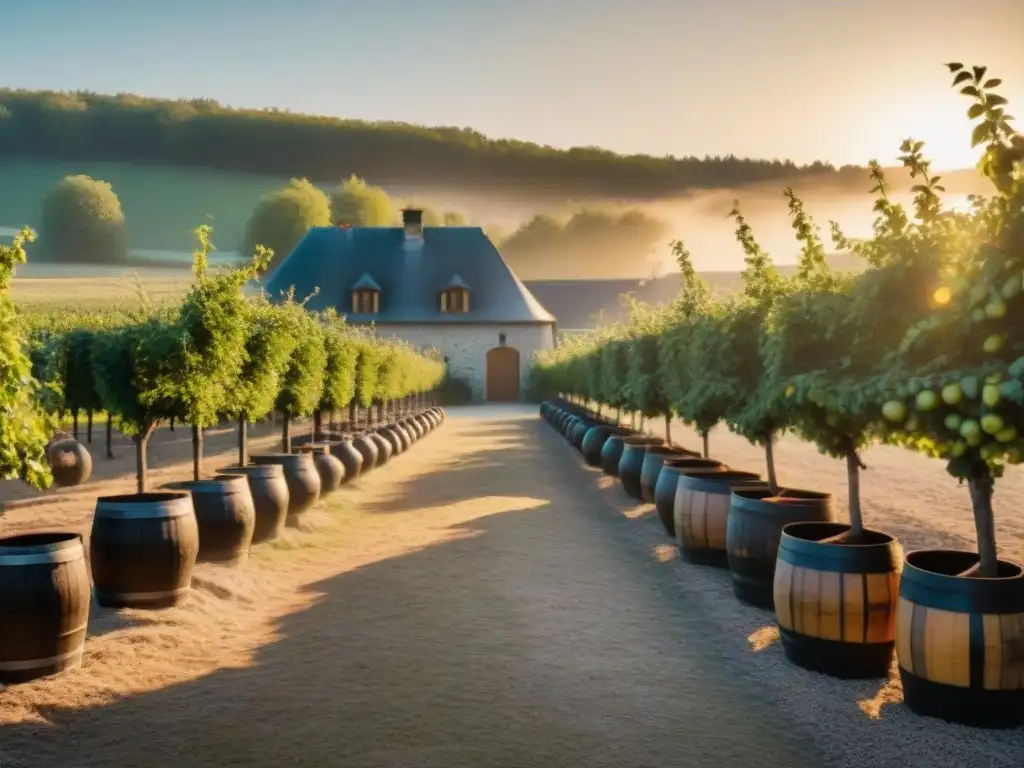 Comparativa sidras francesas tradicionales: Cidrería francesa al atardecer, con manzanos cargados de fruta, prensa de madera y edificios de piedra