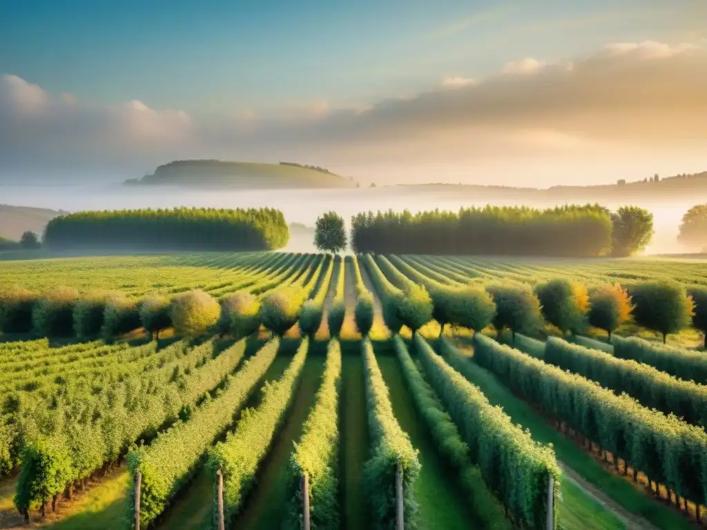 Comparativa sidras francesas tradicionales: Atardecer dorado en un hermoso huerto de manzanas en Francia