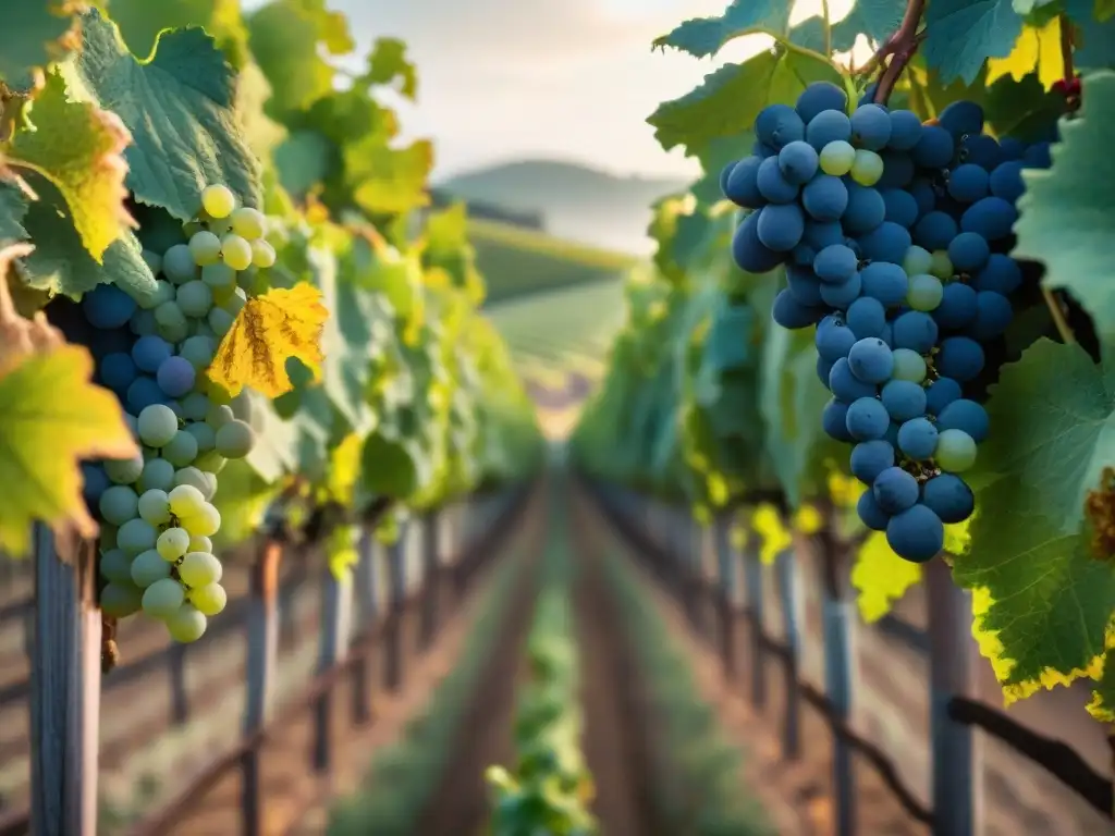 Viñedo orgánico vs Comparativa vinos orgánicos convencionales: contraste entre viñedo orgánico exuberante y viñedo convencional deslucido