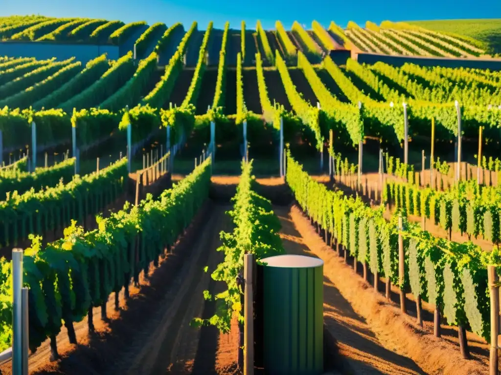 Viñedos exuberantes y vibrantes bajo el cielo azul Comparativa vinos orgánicos convencionales: Viñedos exuberantes bajo cielo azul, uvas maduras brillantes al sol, bodega rústica y moderna