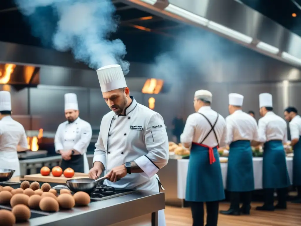 Competencia culinaria con chefs famosos y amateur trabajando juntos bajo presión