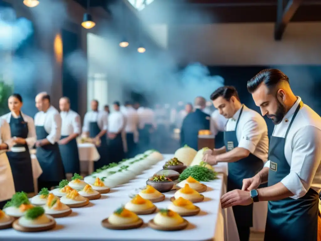 Competencia culinaria de cocina clásica francesa con chefs profesionales en un ambiente de alta tecnología y audiencia cautivada en elegantes asientos