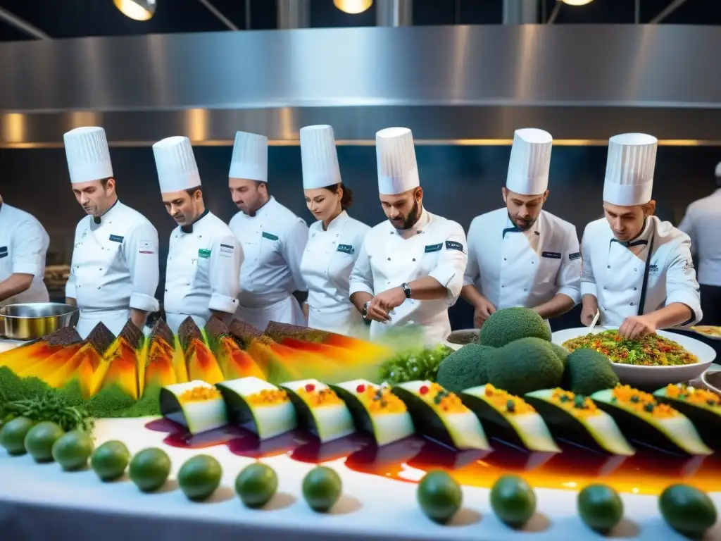 Una competencia culinaria francesa de alto nivel, chefs de todo el mundo preparando platillos detallados ante jueces