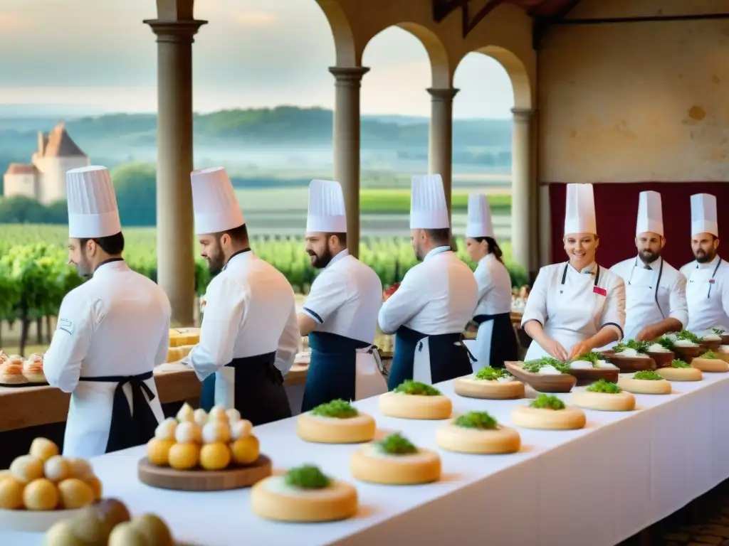 Una competencia culinaria francesa en un chateau con chefs, jueces y espectadores disfrutando de la gastronomía francesa vinos quesos influencia