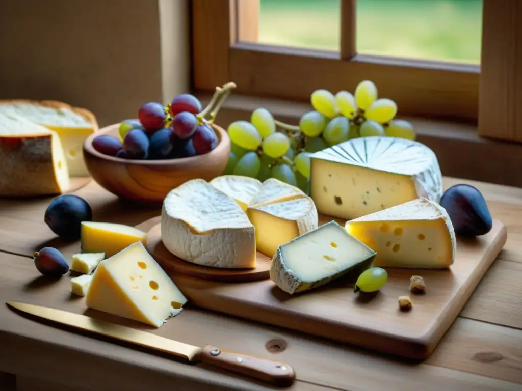 Una composición creativa de quesos franceses fotografiados de manera artística en una mesa rústica con frutas frescas y pan artesanal