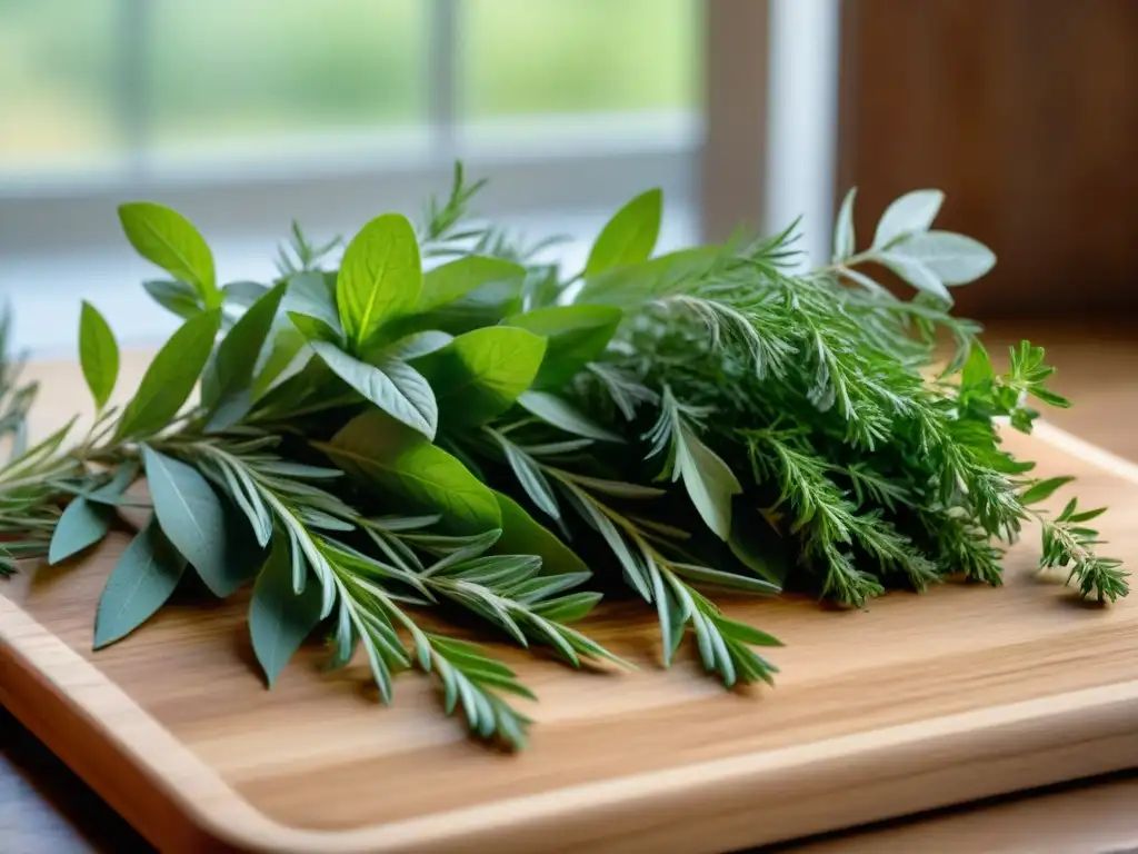 Delicados aromas: Hierbas francesas en tabla rústica Una composición detallada de hierbas francesas para cocina gourmet en tabla de madera rústica, con luz solar filtrándose