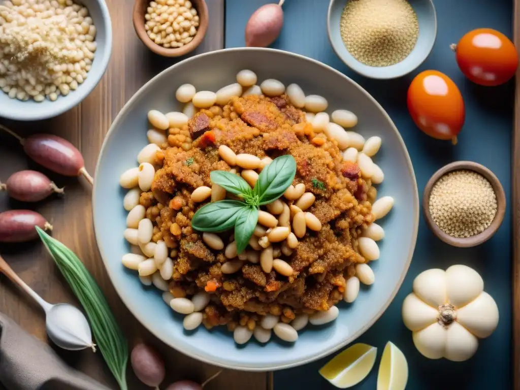 Una composición detallada de ingredientes para guiso francés en una mesa rústica, con colores vibrantes y frescura