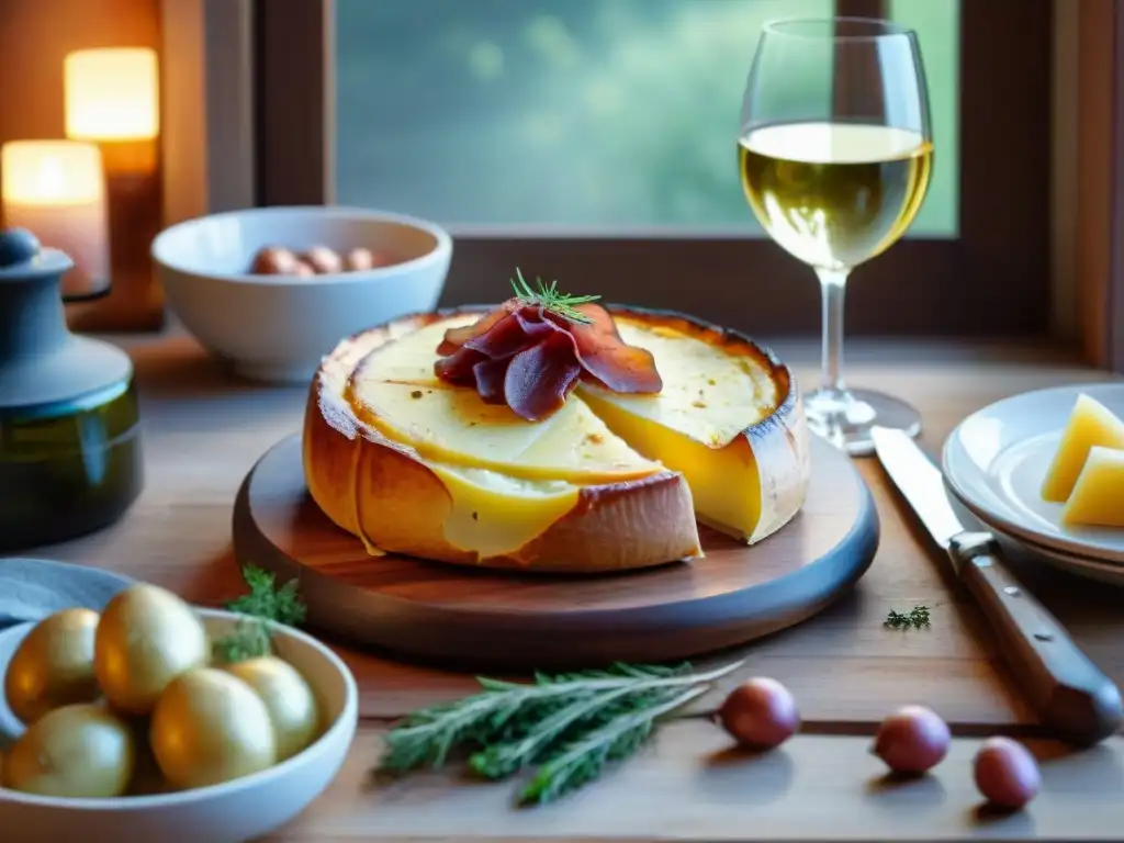 Una composición detallada de una mesa rustica con ingredientes de Tartiflette, resaltando calidez y autenticidad