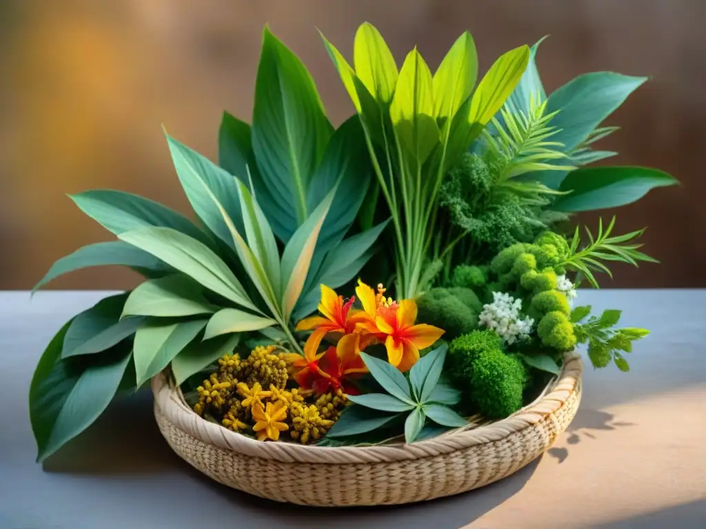 Una composición detallada de plantas medicinales de Martinica en una cesta de mimbre, evocando tradición y sabiduría culinaria