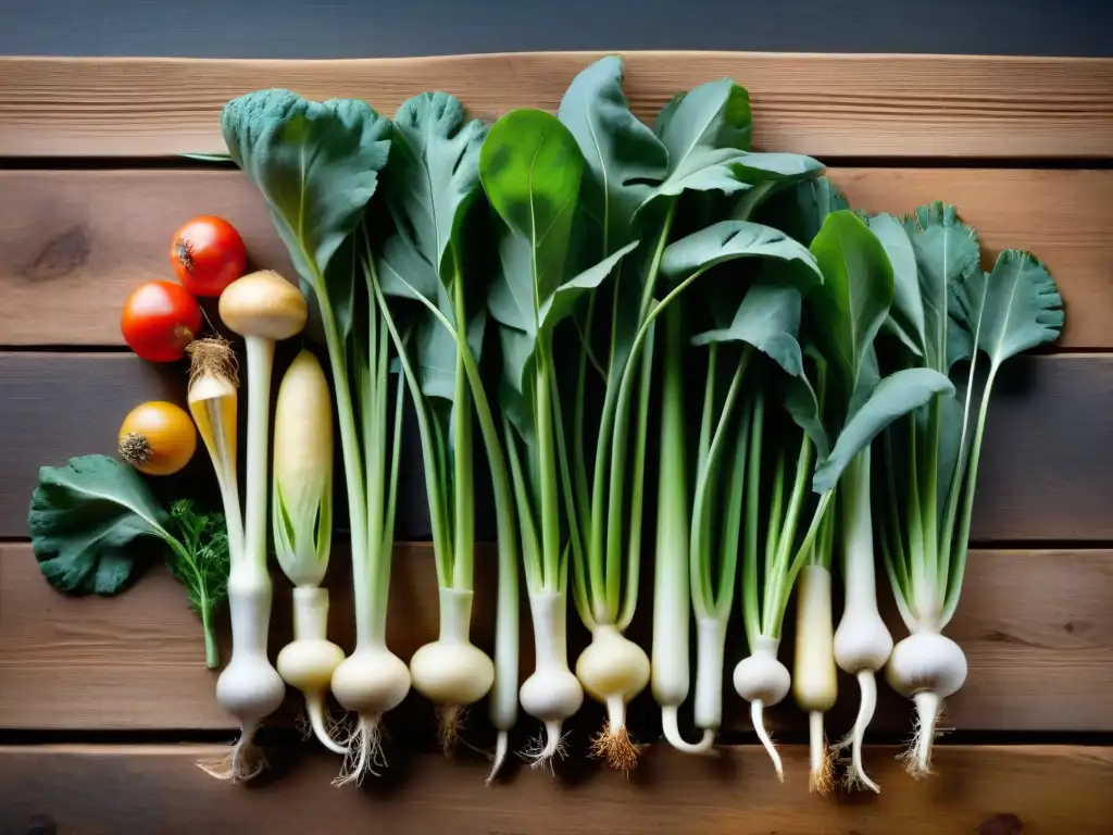 Una composición detallada de verduras olvidadas en la cocina francesa, resaltando su frescura y singularidad en una mesa rústica