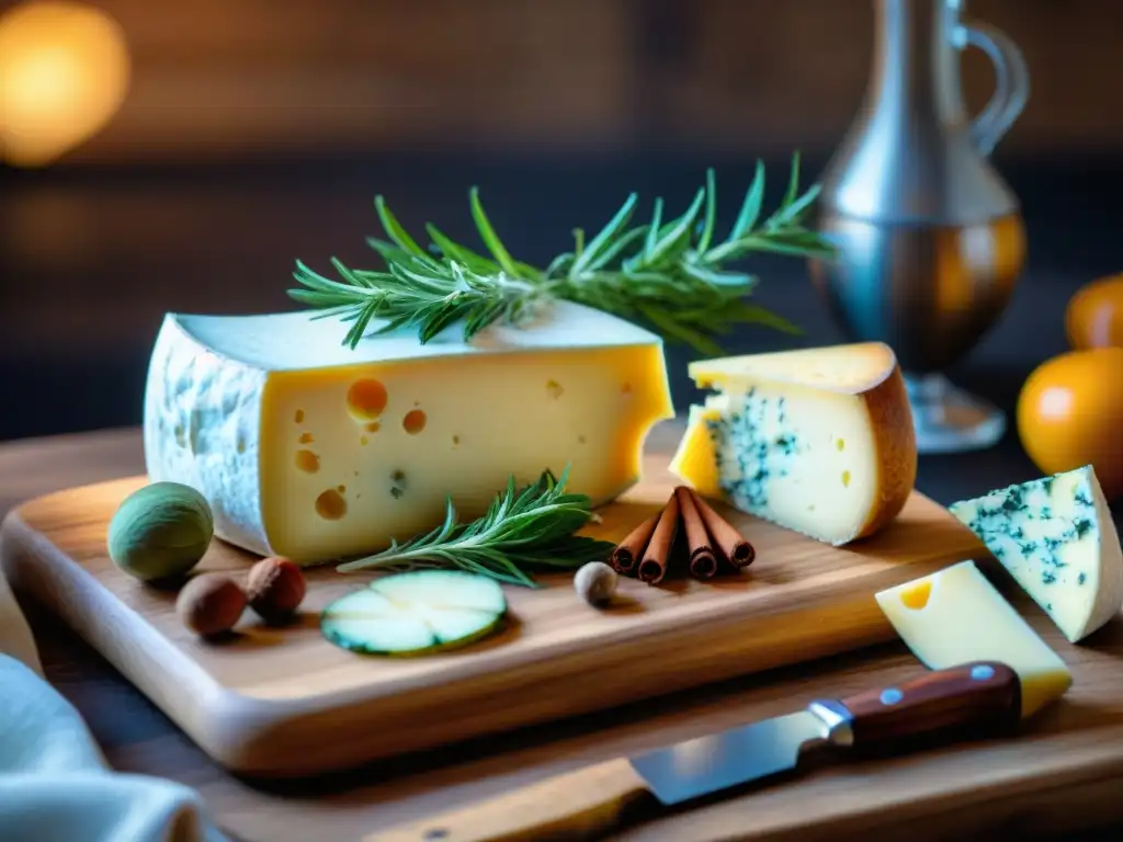 Una composición visualmente impactante de hierbas y especias junto a quesos franceses en un plato de madera