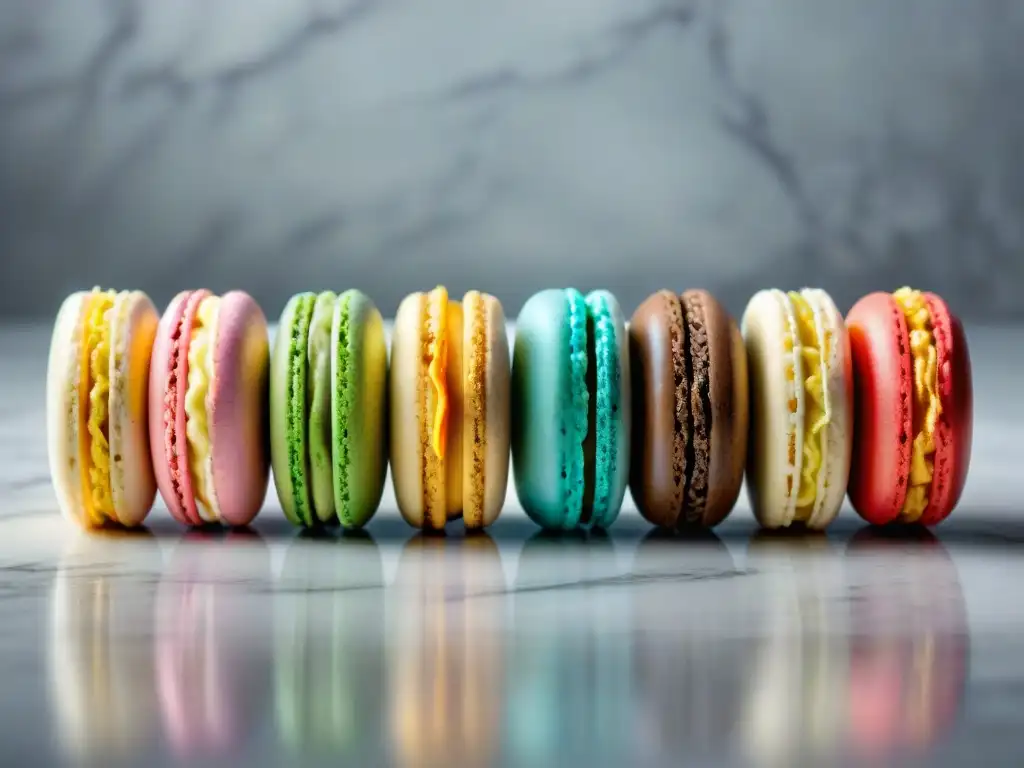 Una composición simétrica de variedades de macarons franceses únicas, con colores vibrantes y decoraciones detalladas sobre mármol blanco