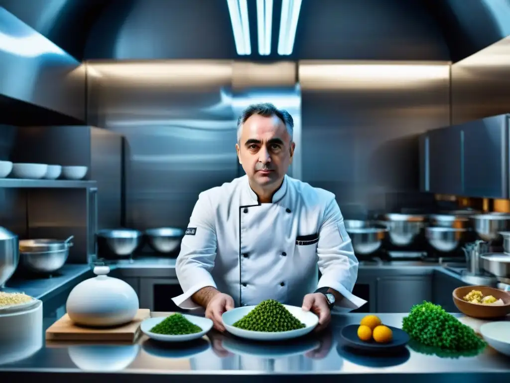 Ferran Adrià concentrado en su cocina experimental, innovando con precisión y creatividad