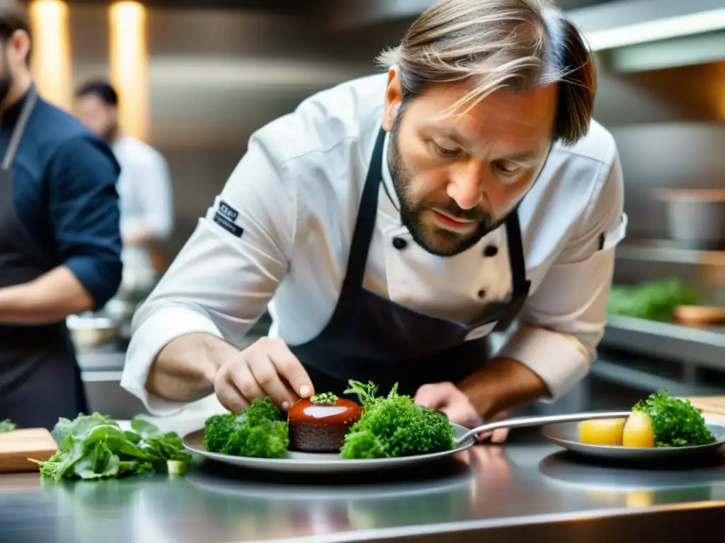 René Redzepi concentrado en plato, influencia gastronomía francesa en cocina Noma