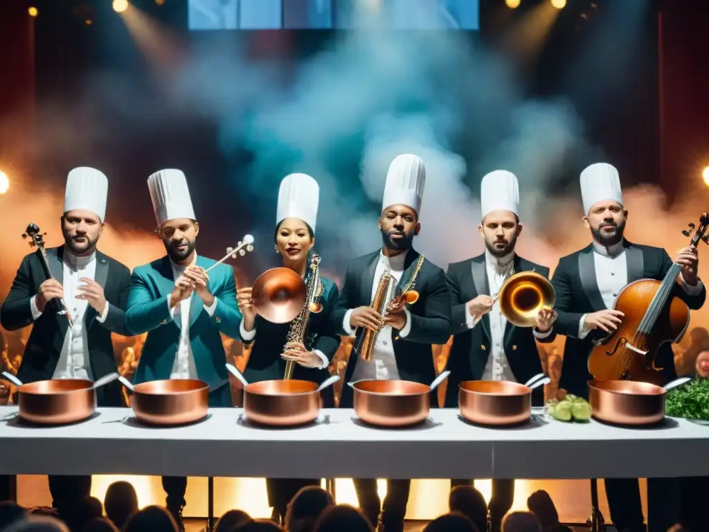 Concierto de influencia de la gastronomía francesa: músicos tocan utensilios de cocina en un escenario estilo bistró