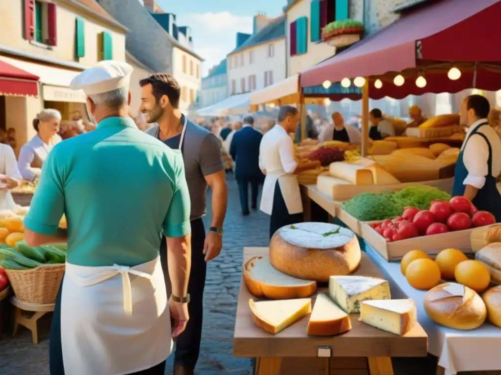 Un concurrido mercado gastronómico al aire libre en un pintoresco pueblo francés, destacando la rica cultura culinaria del país