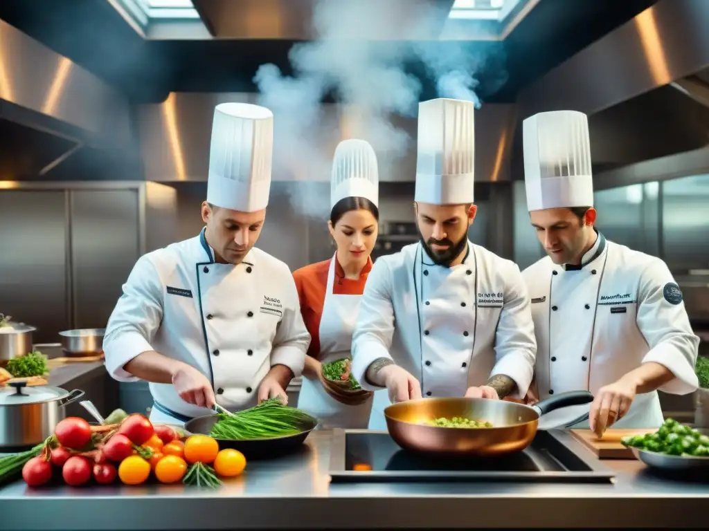 Concurso de cocina francesa 2023: Chefs preparan platos clásicos en una cocina bulliciosa y llena de pasión