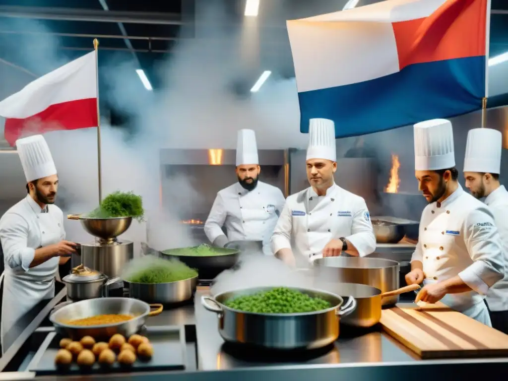 Concurso de cocina francesa 2023: Cocina bulliciosa con chefs en acción, aromas frescos y banderas de Francia