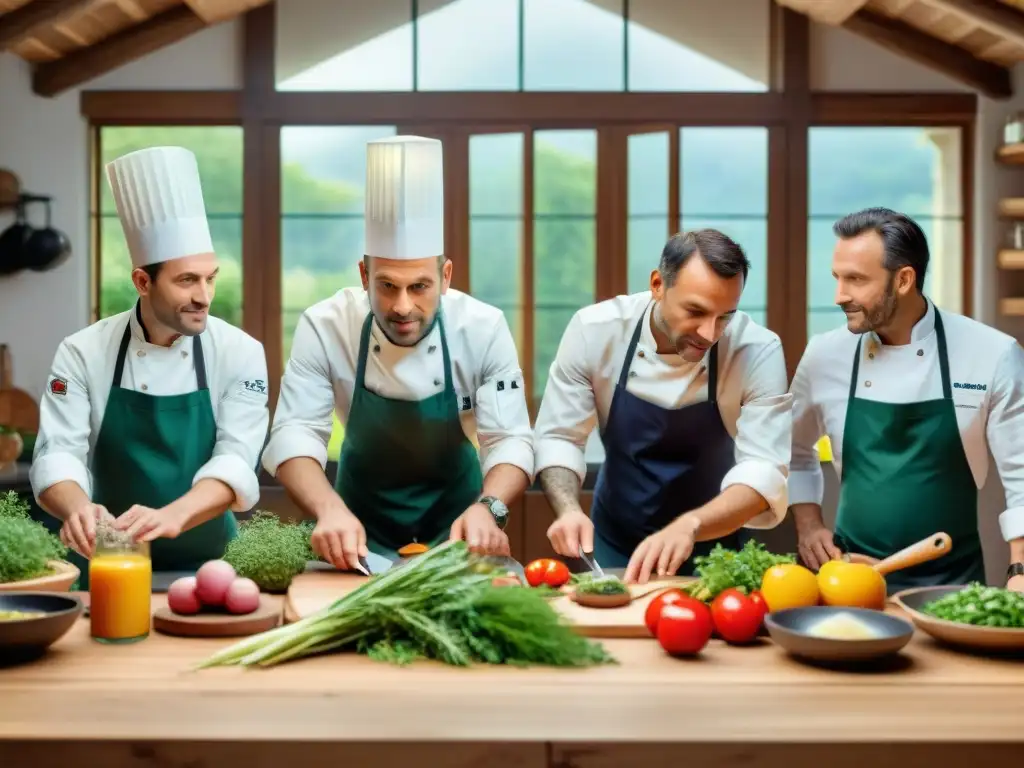 Un concurso de cocina francesa innovador con chefs apasionados compartiendo tips y técnicas en una cocina rústica y elegante