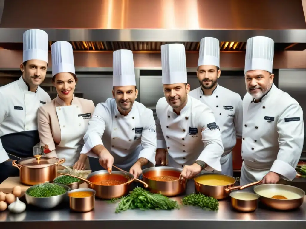 Competencia gastronómica francesa: chefs preparando salsas gourmet Un concurso culinario francés de alto nivel con chefs expertos preparando salsas gourmet en una cocina opulenta
