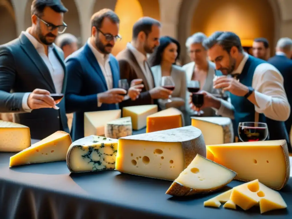 Concurso de vinos y quesos en Francia, jueces expertos degustando con intensidad en elegante escena de maridaje