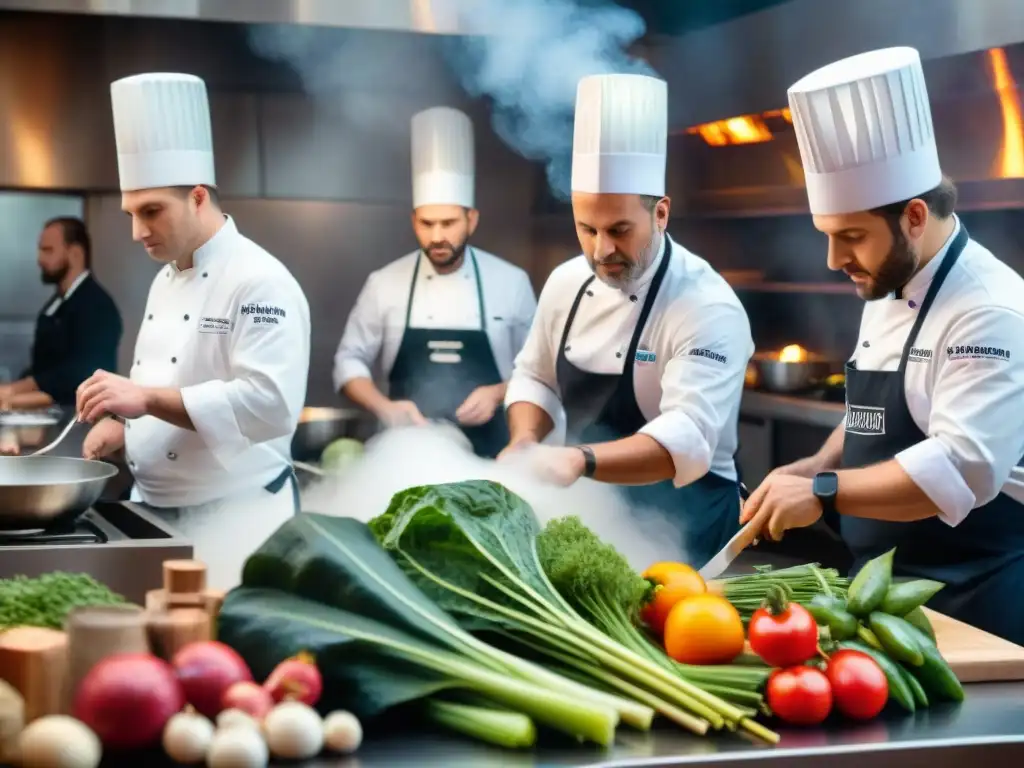 Concursos de cocina francesa: chefs crean platos clásicos bajo presión del reloj, rodeados de ingredientes y herramientas brillantes