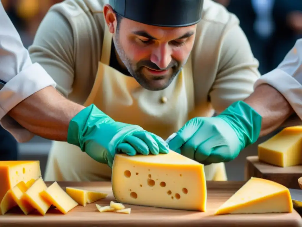 Concursos de corte de queso: Competidor concentrado cortando precisamente un cheddar en competencia, mientras espectadores observan detenidamente