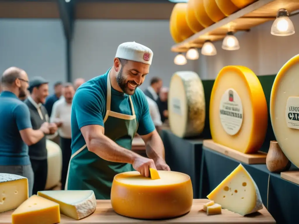 Concursos de corte de queso: Competidores expertos cortando con precisión rueda de Gouda, rodeados de variedades de queso y público animado