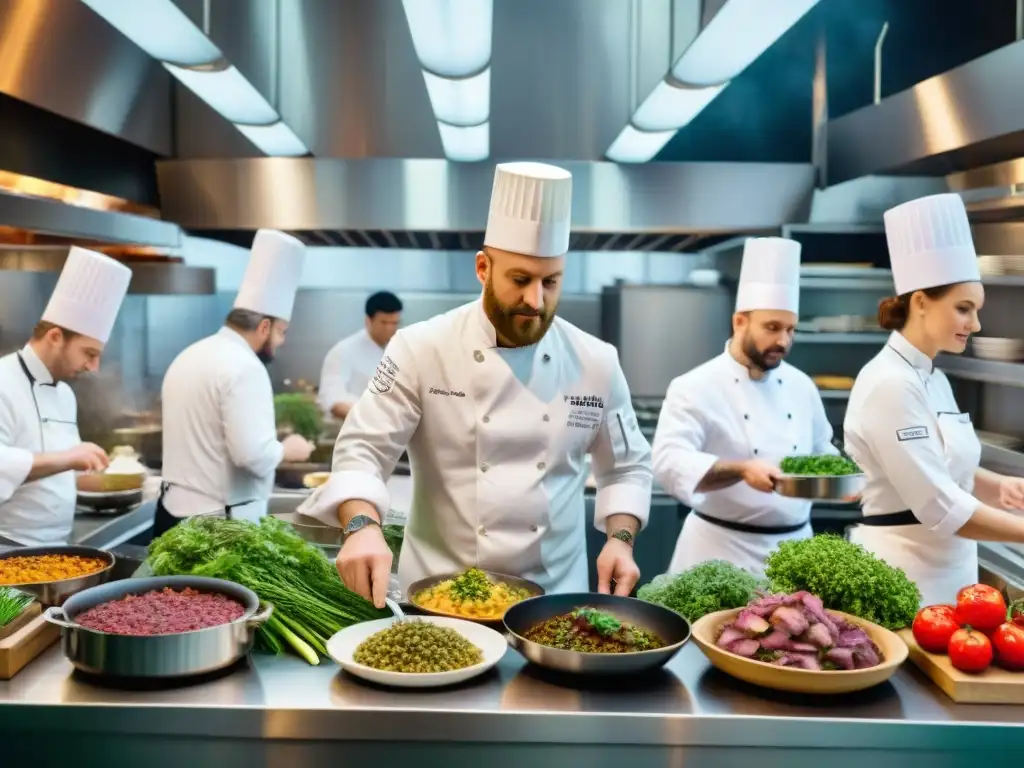 Concursos culinarios en una bulliciosa cocina francesa clásica, chefs preparando platos tradicionales con camaradería competitiva