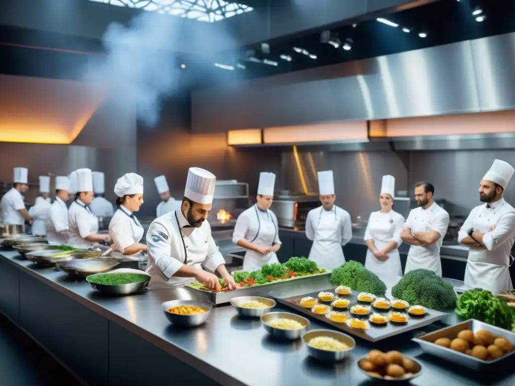 Concursos culinarios franceses influencia mundial: Competencia en cocina francesa con chefs preparando platillos exquisitos bajo reflectores