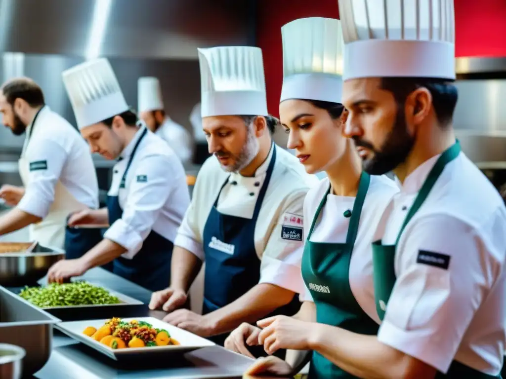 Concursos culinarios innovadores en Francia: Chefs sudorosos bajo presión en una competencia culinaria, con cocina bulliciosa de fondo