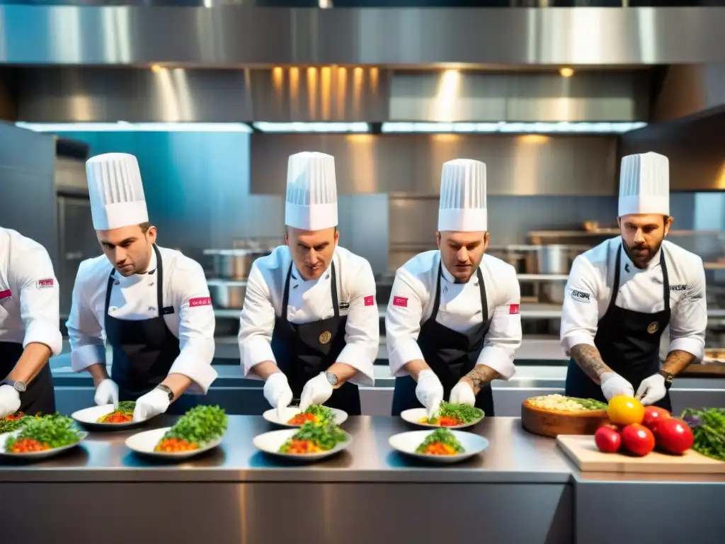 Concursos culinarios innovadores en Francia: Chef creando plato elegante rodeado de energía y emoción en concurrido escenario gastronómico