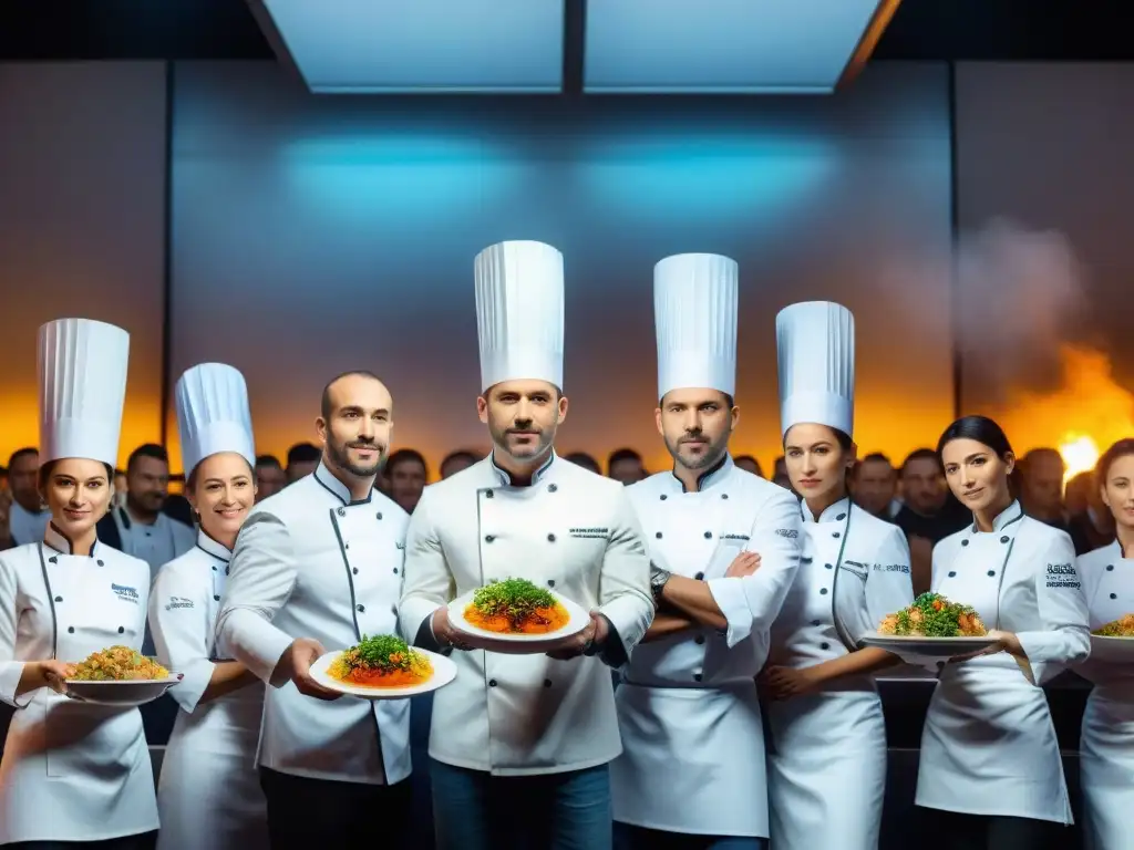 Concursos gastronomía francesa: chef innovador prepara plato avant-garde bajo mirada atenta de jueces y público diverso