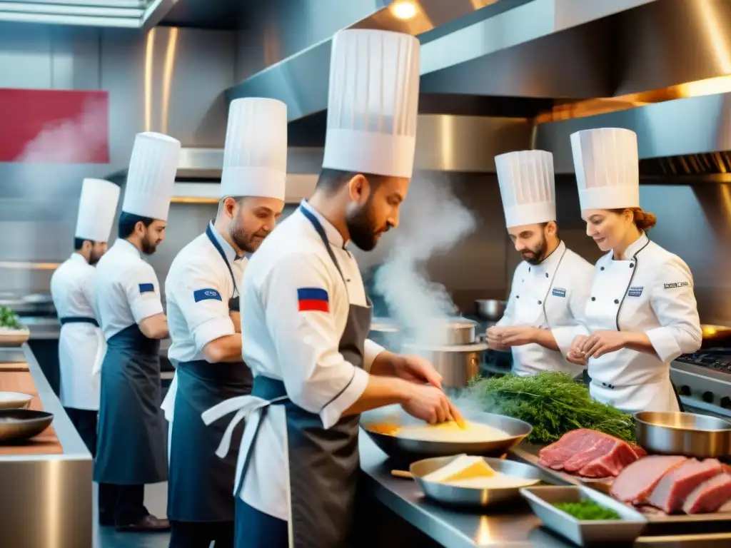 Concursos de gastronomía francesa: chefs en intensa competencia, preparando platos innovadores en una bulliciosa cocina