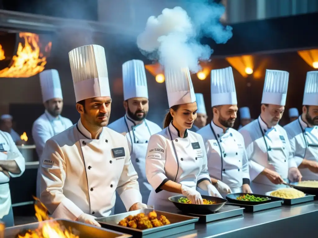 Concursos gastronómicos en Francia: Escena vibrante de chefs compitiendo en un evento culinario lleno de creatividad e intensidad