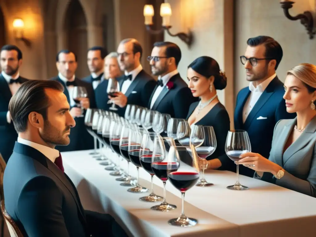 Concursos de vino en Francia: sommeliers evaluando vinos, ambiente sofisticado y tradicional