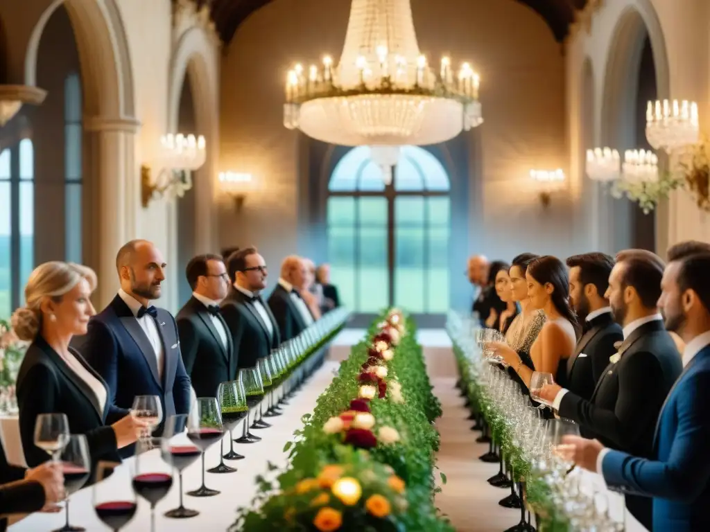 Concursos de vinos franceses en chateau: expertos catan exquisitos vinos bajo elegantes candelabros y decoración opulenta