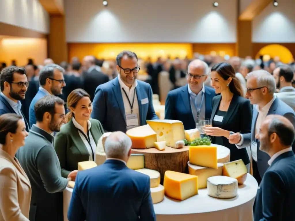 Una conferencia culinaria global de productores de quesos franceses en un elegante salón con mesas de exhibición