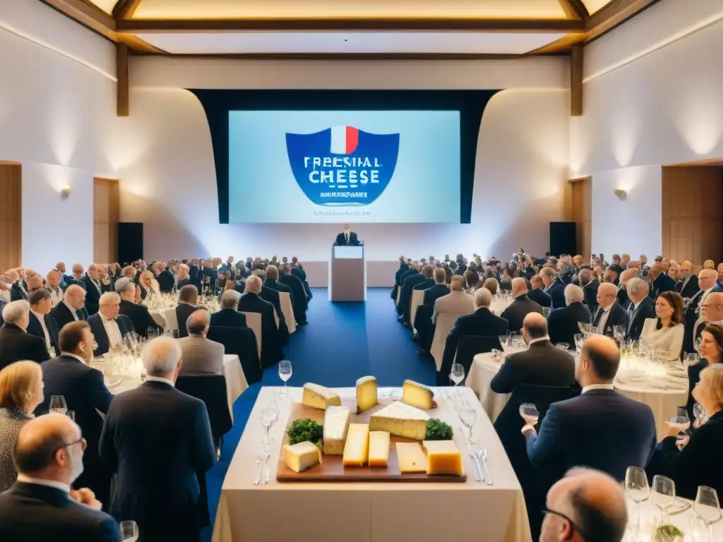 Una conferencia culinaria global sobre quesos franceses, en un elegante salón con asistentes atentos y entusiastas