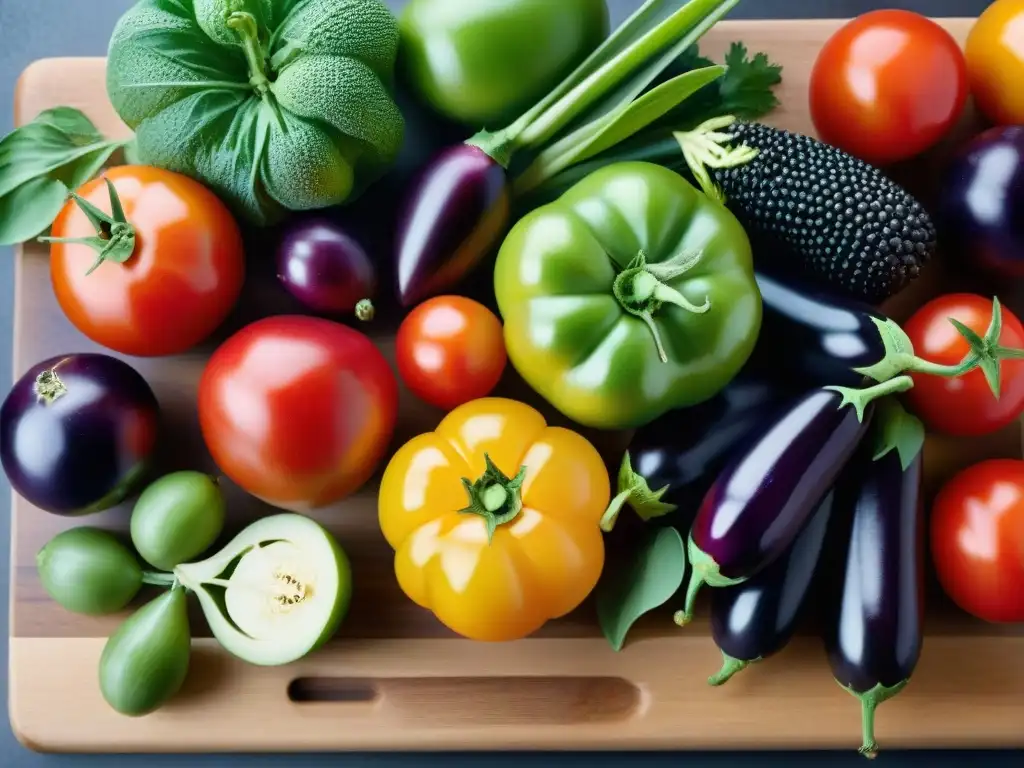 Consejos color cocina autenticidad: Detalle vibrante de frutas y verduras frescas en tabla de madera rústica