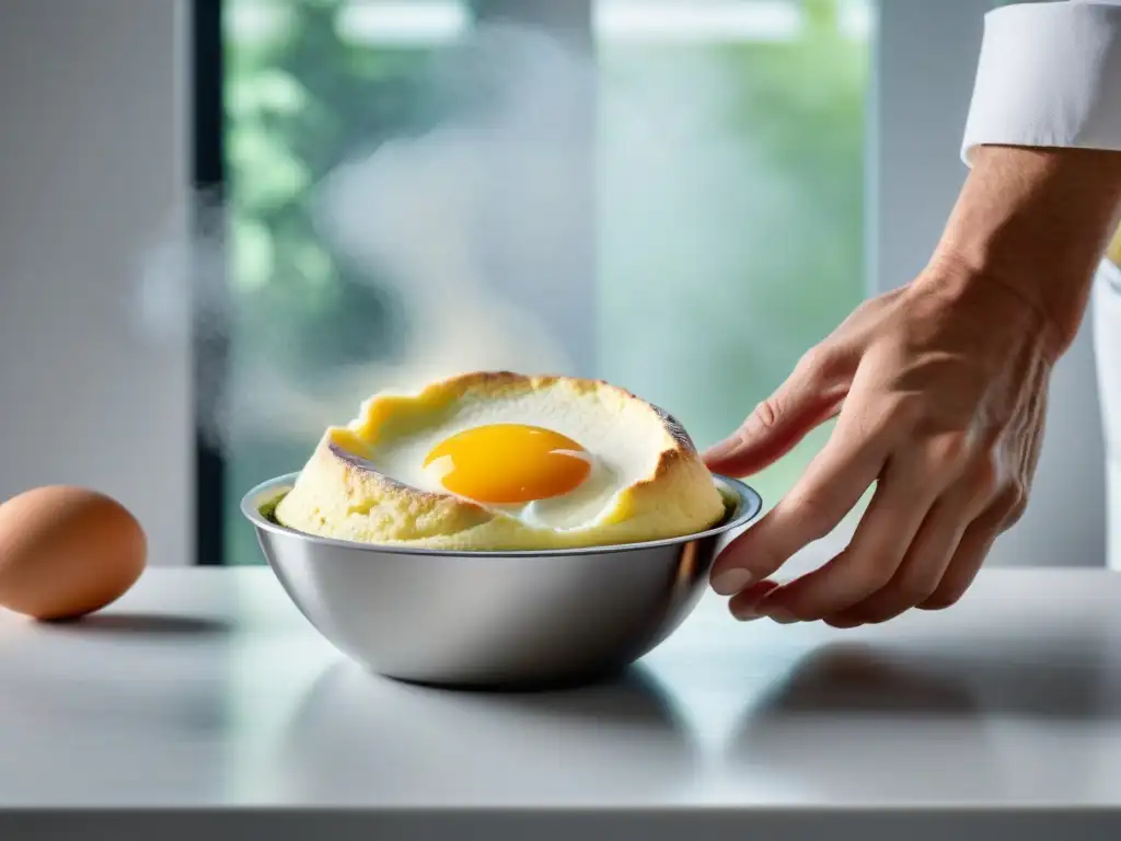 Consejos para hacer soufflé perfecto: Chef francés experto preparando una mezcla de soufflé con técnica y maestría en una cocina blanca impecable