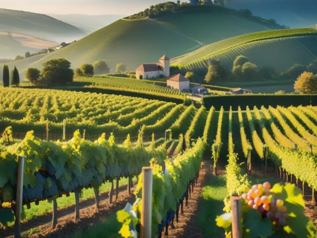 Consejos vinos blancos franceses gourmet: Trabajadores recolectando uvas Chardonnay al amanecer en viñedo de Borgoña