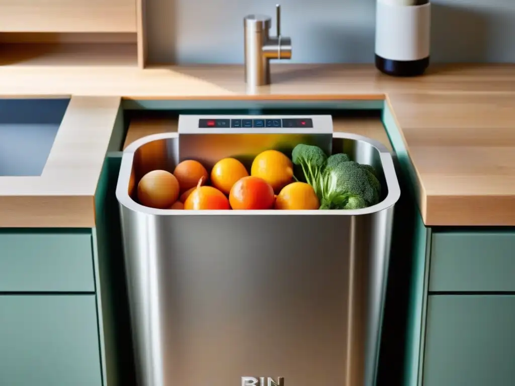 Un contenedor de compostaje en una cocina francesa moderna, con sobras de alimentos organizadas