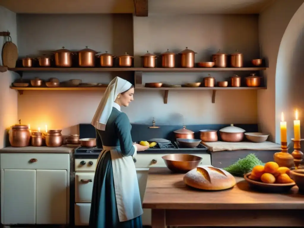 Convento francés del siglo XVIII: cocina llena de monjas preparando platos clásicos