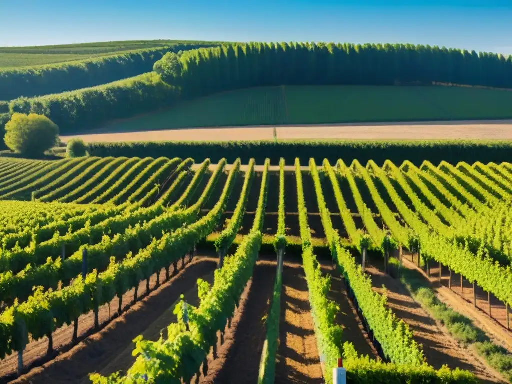 Cooperativas vinícolas en Francia: Trabajadores cuidando viñedos en Bordeaux, bajo un cielo azul, transmitiendo tradición y calidad