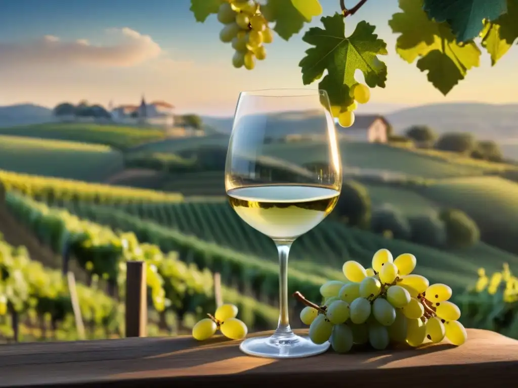 Una copa de Chardonnay francés con hoja de uva, en viñedo al atardecer