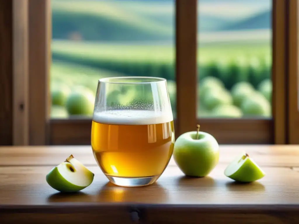 Una copa de cristal con sidra francesa, acompañada de manzanas verdes y queso Camembert, sobre una mesa de madera rústica